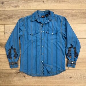 Martini Ranch Embroidered Western Blue Shirt Striped Pearl Snap Country Cotton L
